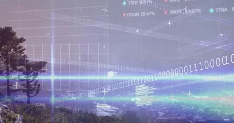 Displaying glowing binary code streams and floating percentages over hillside Foto stock