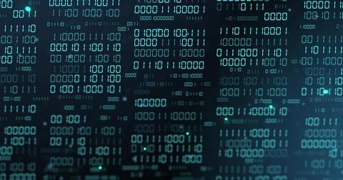 Displaying glowing binary digits streaming down vertical columns in digital 写真素材