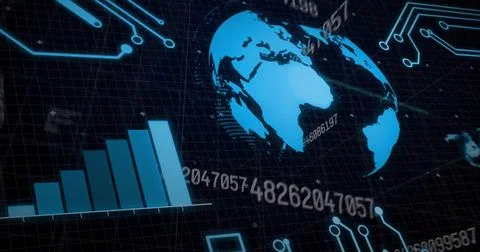 Displaying glowing blue 3D globe in grid UI, with rising bars, numeric sequences Stock Illustration