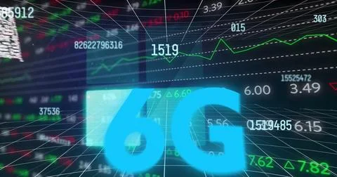 Displaying glowing blue 6G text floating in virtual network, with colored 写真素材