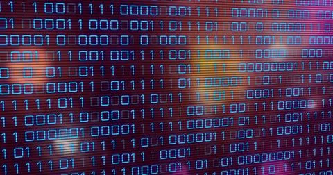 Displaying glowing blue binary code matrix on computer screen interface, with Stock Illustration