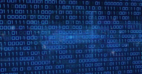 Displaying glowing blue binary digits on digital display, showing grid, scan Stock Illustration