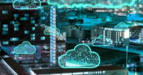 Displaying glowing blue cloud cluster hovering above nighttime city skyline, Stockfoto's