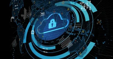 Displaying glowing blue cloud padlock icon protecting data on digital dashboard, 库存照片