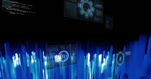 Displaying glowing blue data bars and floating UI panels in virtual data Stock Illustration