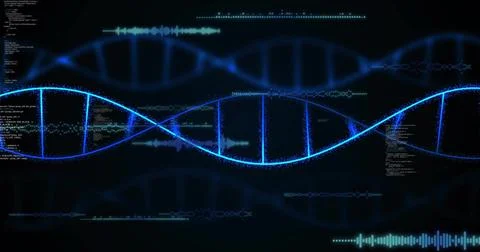 Displaying glowing blue DNA double helix across holographic lab UI, showing code Illustrazione stock