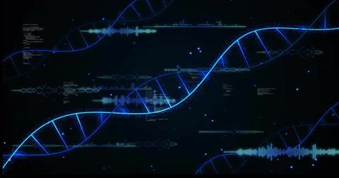 Displaying glowing blue DNA helix flowing across virtual data display, with w Stock Illustration