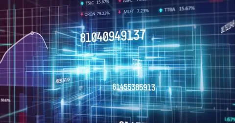 Displaying glowing blue network floating in finance display, with grid, numeric Stock Illustration