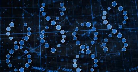 Displaying glowing blue nodes forming ring clusters on data grid, with Stock Illustration