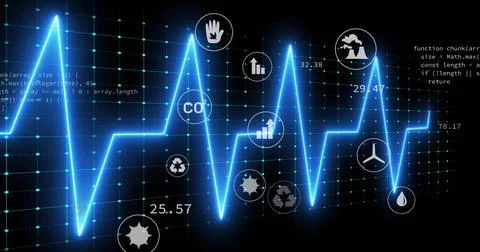 Displaying glowing blue waveform oscillating over grid interface, with CO? ic Foto stock