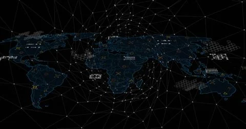 Displaying glowing blue wireframe world map overlaying dashboard, with Illustrazione stock
