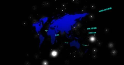 Displaying glowing blue world map on dark data dashboard, with floating numeric 스톡 일러스트