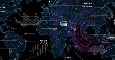 Displaying glowing blue world map in digital interface, with purple circles and Stock Photos