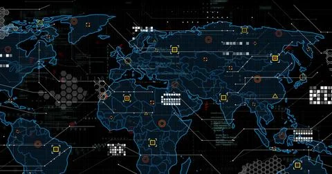 Displaying glowing blue world map outline animating across digital grid, with Stock Photos