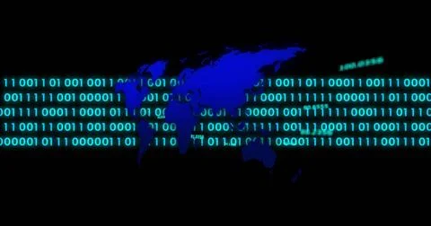 Displaying glowing blue world map silhouette on digital interface, with green Stockfoto's