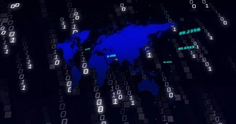 Displaying glowing blue world map on interface with streaming binary code tiles Stock Photos