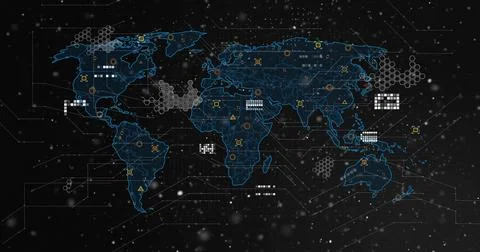Displaying glowing blue world map linking data nodes in AR UI, with hexagonal Stock Photos