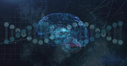 Displaying glowing brain hologram hovering in scientific interface, with DNA イラスト素材