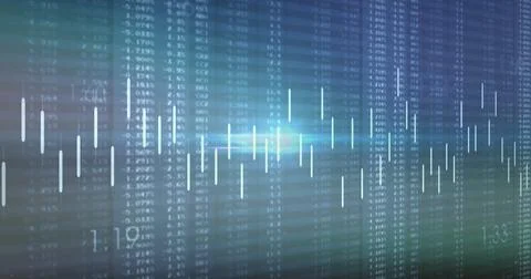Displaying glowing candlestick bars and central light flare on trading monitor, Stock Photos
