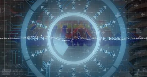 Displaying glowing central circular element within HUD, with triangular arrow Foto stock