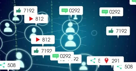 Displaying glowing central node holding two avatars in data network, with alert Stock Illustration