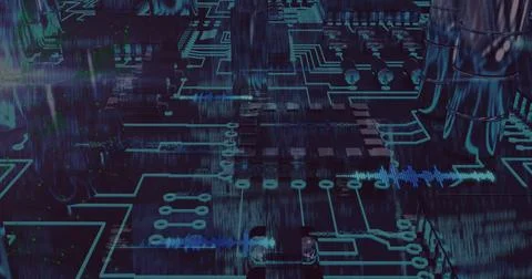 Displaying glowing circuit board routing neon-blue traces on motherboard, with Stock Illustration