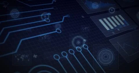 Displaying glowing circuit lines with circular node markers in virtual interface Stock Photos
