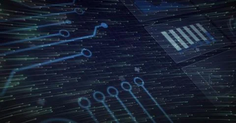 Displaying glowing circuit pathways and nodes over grid lines, binary streaks Stock Illustration