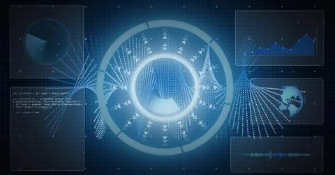 Displaying glowing circular data visualization chart on grid interface, with  Stock Illustration