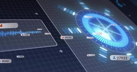 Displaying glowing circular dial scanning on dark grid, showing data panels and Stock Illustration