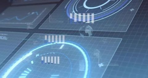 Displaying glowing circular holographic dial on dark grid plane at virtual HUD, Stock Photos