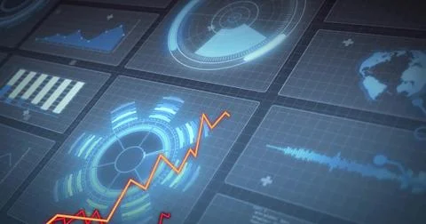 Displaying glowing circular HUD with concentric rings on analytics dashboard, Stock Illustration