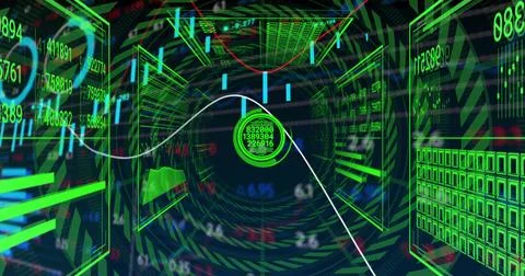 Displaying glowing circular interface flowing data in wireframe tunnel, with Stock Photos