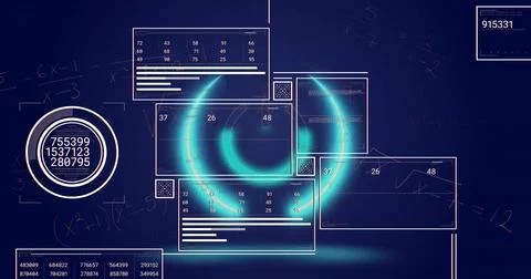 Displaying glowing circular ring chart revolving on digital interface, with Stock Photos