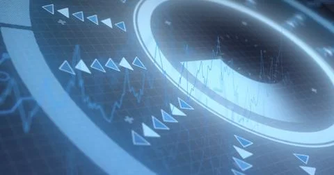 Displaying glowing circular ring interface on grid background, with triangular 写真素材