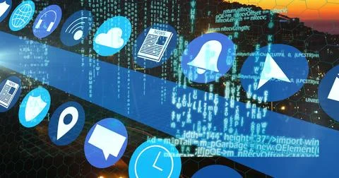 Displaying glowing circular wifi and cloud icons with streaming code over urban Illustrazione stock