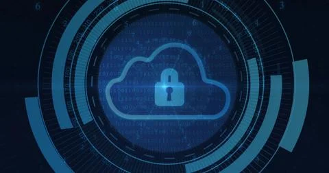 Displaying glowing cloud icon showing padlock at abstract digital interface, Illustrazione stock