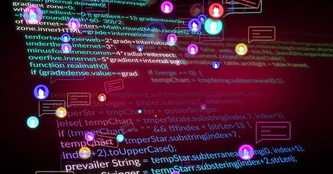 Displaying glowing code text and floating avatar icons over maroon-purple Stock-Illustration