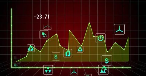 Displaying glowing colored area chart in 3D grid data room, with renewable Stock Photos
