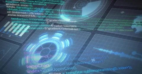 Displaying glowing concentric circular HUD pulsing over virtual grid workspace, Stockillustratie
