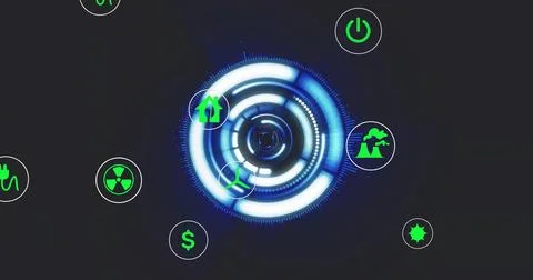 Displaying glowing concentric HUD at digital panel, with plug radiation turbines Illustrazione stock