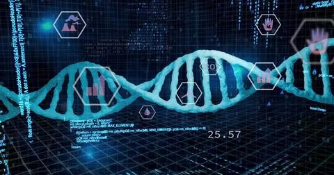 Displaying glowing cyan 3D DNA double helix stretching across virtual lab, with Illustrazione stock
