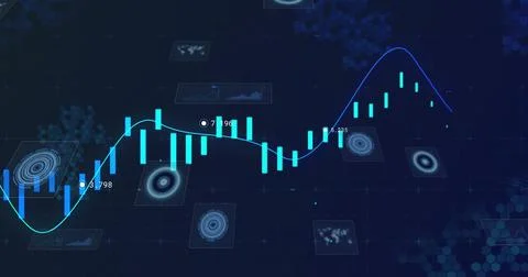 Displaying glowing cyan candlestick bars and blue trend line on trading Stock Illustration