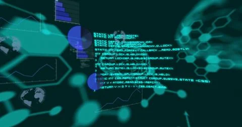 Displaying glowing cyan code block right-center on HUD, showing honeycomb gri Stock Illustration