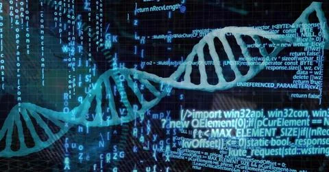 Displaying glowing cyan double helix stretching across virtual lab space, イラスト素材