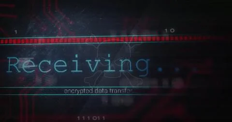 Displaying glowing cyan Receiving… interface on screen, with red progress bar 写真素材