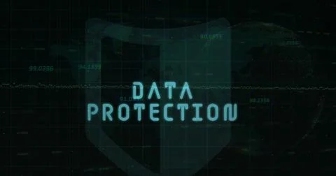 Displaying glowing DATA PROTECTION text with shield in grid, dotted globe Illustrazione stock