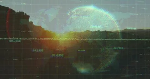 Displaying glowing data sphere over mountain silhouette, sun, world map grid, Stock Photos