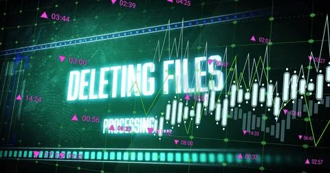 Displaying glowing DELETING FILES with PROCESSING on teal screen showing Stock Photos