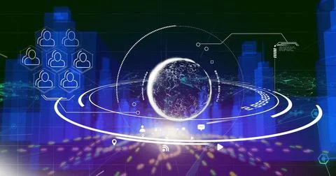 Displaying glowing digital globe rotating in virtual control room, with data 스톡 일러스트